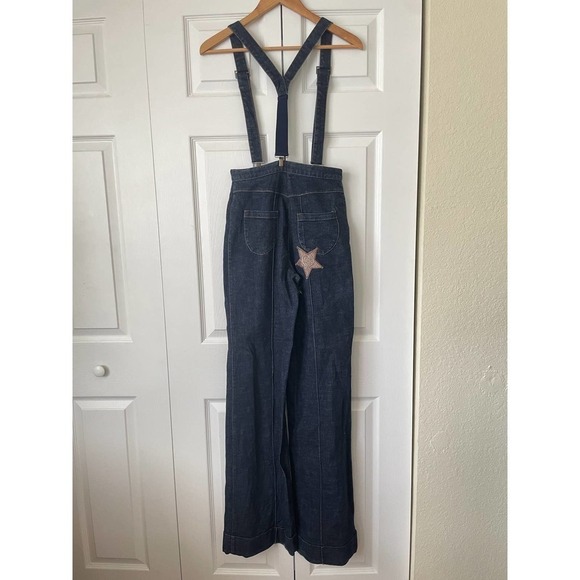 MCQ Alexander McQueen Star Patch Dark Wash Wide Leg Jeans Overalls • Size 38 🗣 - Picture 1 of 10